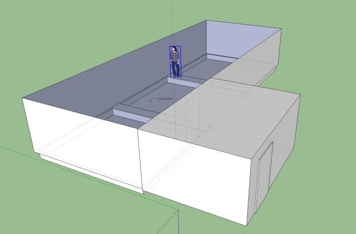 3D-modell av källargrund med makadam, betongbalkar och en figur stående på golvet.