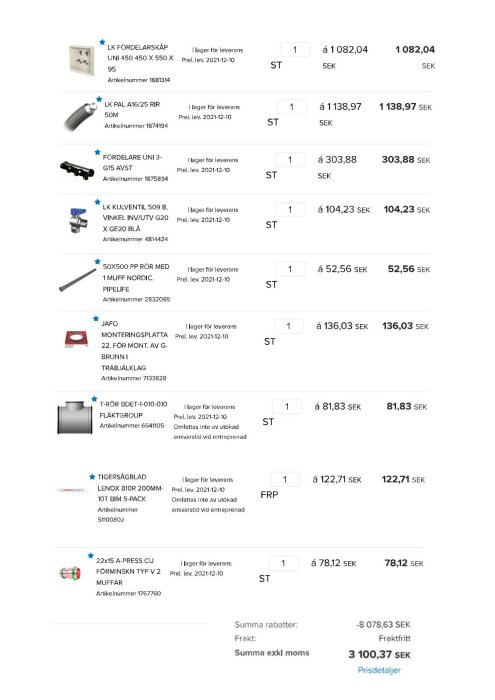 Faktura med olika elmaterial och verktyg listade med priser och artikelnummer.