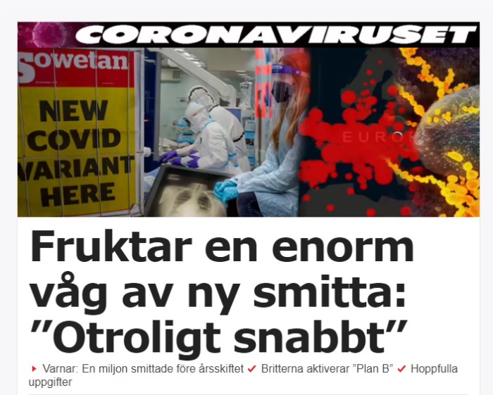 Nyhetsartikel om oro för ny COVID-våg med bild på skylt "NEW COVID VARIANT HERE", sjukhuspersonal och virusillustration.