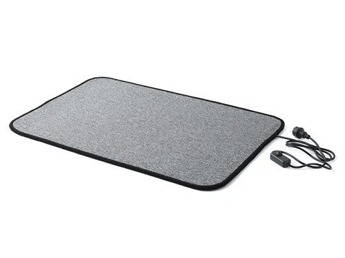 Grå elektrisk golvvärme-matta med tillhörande strömkabel och termostat på vit bakgrund.