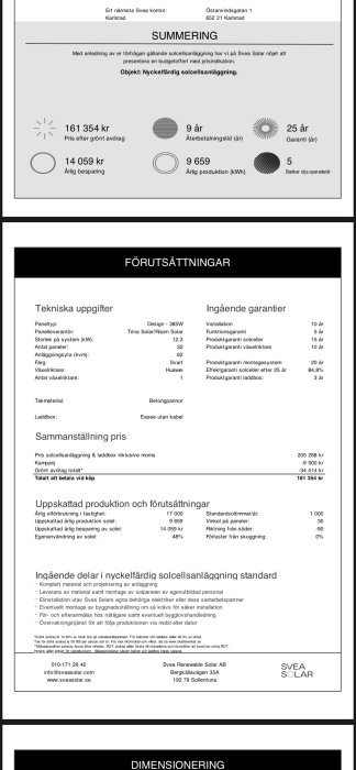 Offert för solcellsanläggning med sammanfattning av pris, besparing, återbetalningstid, garantier och tekniska specifikationer.