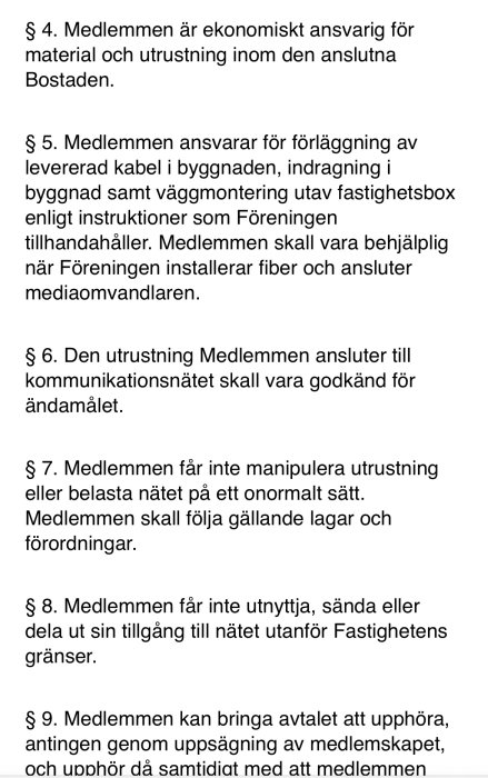 Textdokument med avtalsparagrafer gällande medlems ansvar och rättigheter inom en förening för fastighetsnät.