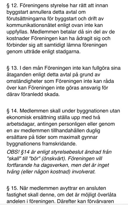 Skärmdump av en text som beskriver olika paragrafer i ett avtal om rättigheter och skyldigheter mellan en förening och dess medlemmar.