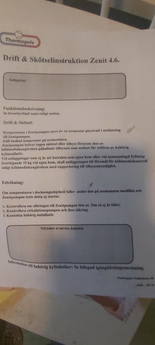 En drift- och skötselinstruktion för värmepump Zenit 4.6 från Thermogolv med felsökningstips.