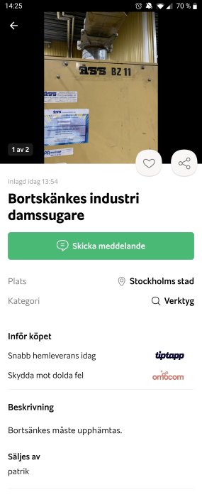 Industriell dammsugare i en verkstad som erbjuds gratis måste hämtas.