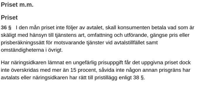 Skärmdump av lagtext om priset i konsumenttjänstlagen, avsnitt om skäligt pris och överenskommet prisökningstak.