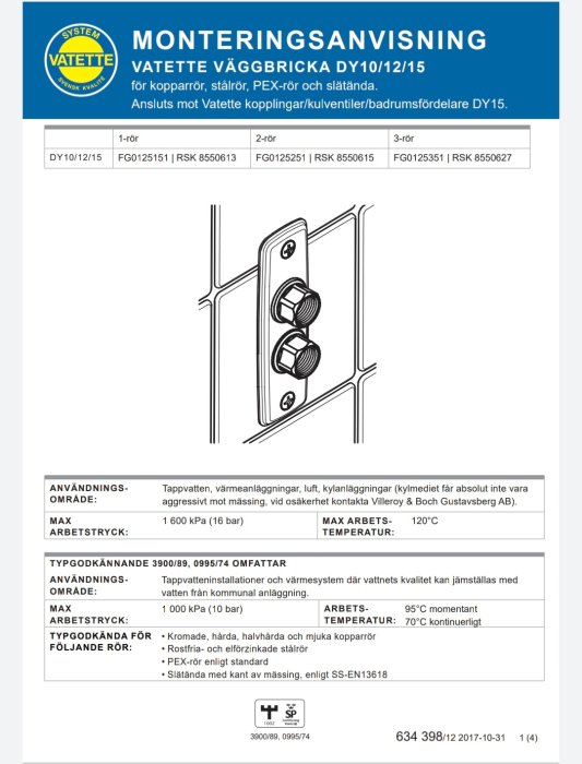 Monteringsanvisning för Vatette väggbricka för kopparrör, stålrör, PEX-rör; godkänd för både koppar och PEX.