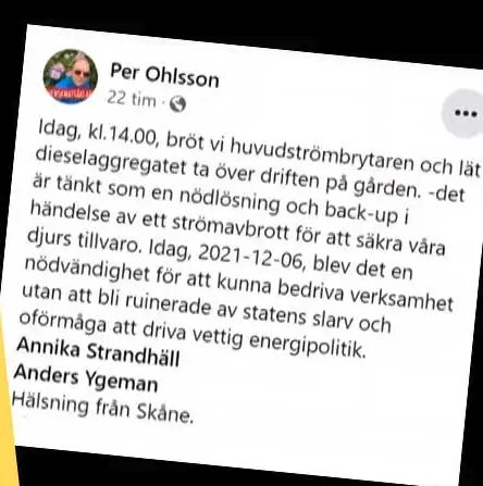 Skärmdump av ett Facebook-inlägg om användning av dieseldriven generator som backup för elnätet.