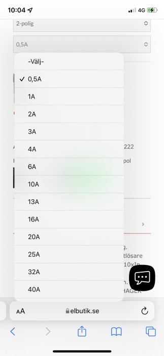 Skärmdump av en webbsida som visar en lista med strömbrytaralternativ med fokus på 6A alternativet.