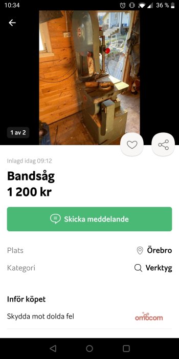 Bandsåg i arbetsmiljö med träväggar och verktyg, till salu för 1200 SEK.