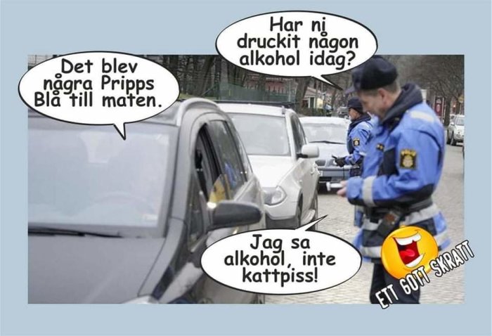 Poliser som utför nykterhetskontroll och pratbubblor med text skämtar om alkoholkonsumtion.