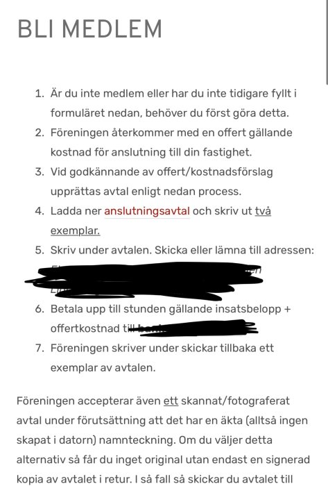 Instruktioner för att bli medlem med steg om ansökan, offert, avtal och betalning, textdelar suddade för sekretess.