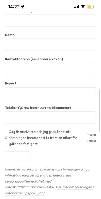 Skärmdump av kontaktformulär med fält för personuppgifter och godkännande av datalagring enligt GDPR.