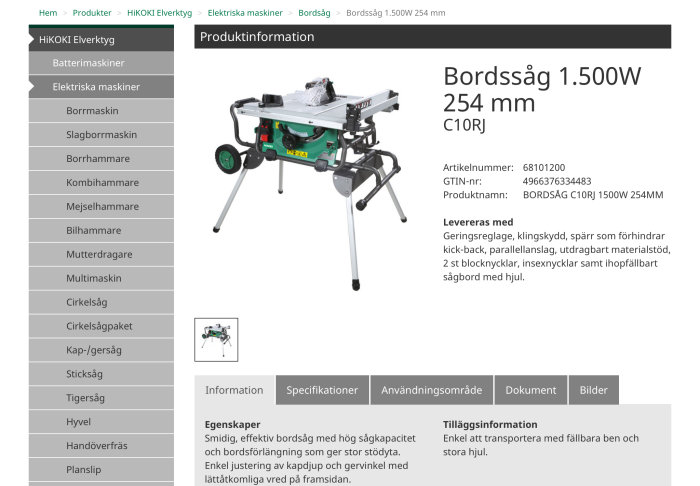 Bild på en grön och silverfärgad bordscirkelsåg med 1,500W och benställning, märkt C10RJ 254 mm från Bolist.