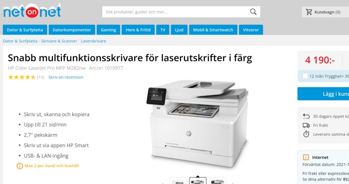 HP Color LaserJet Pro multifunktionsskrivare på en e-handelswebbplats med pris och specifikationer.