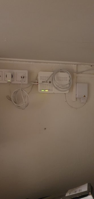 Nätverksuttag och -kabel ansluten till en vit nätverksswitch, lanporten lyser orange.