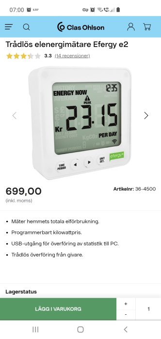 Trådlös energimätare Efergy e2 som visar elförbrukning i kronor och kWh på Clas Ohlson webbsida.