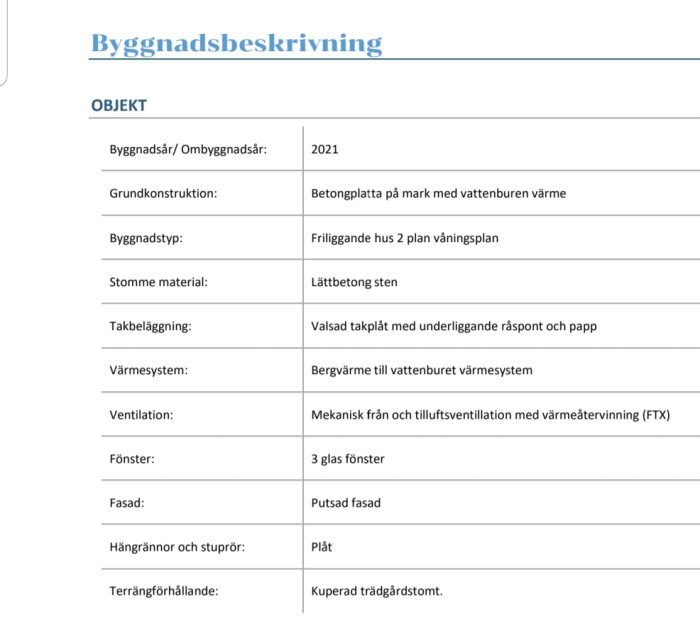 Dokument med rubriken "Byggnadsbeskrivning" innehållande specifikationer för ett husbyggprojekt från 2021.