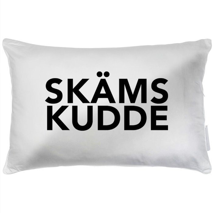 Vit kudde med texten "SKÄMS KUDDE" i svart.