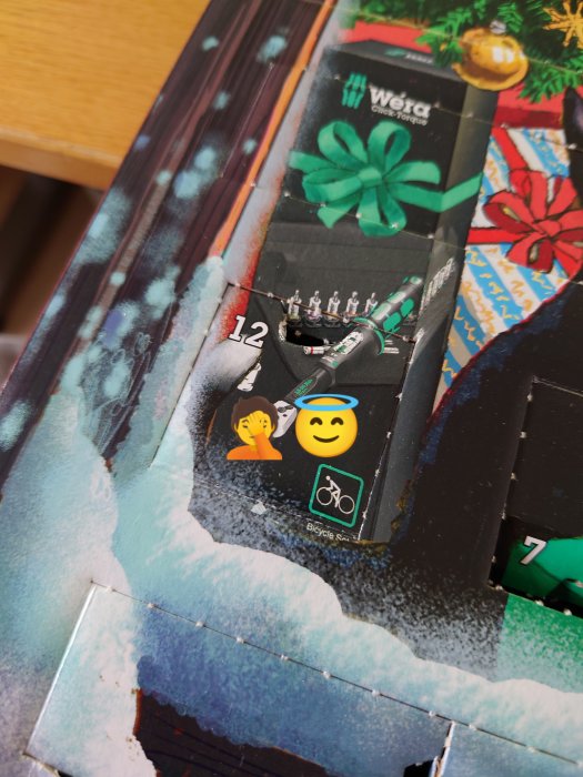 Del av ett öppnat adventskalender med verktygstema och dekaler med emojis och en cykel.