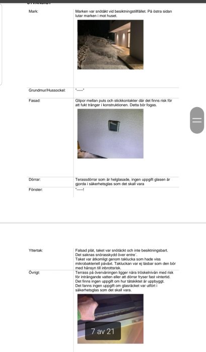 Besiktningsbilder på ett hus som visar snötäckt mark lutar mot huset, ett ventilationshål på fasaden och en detaljbild där takluckan inspekteras.