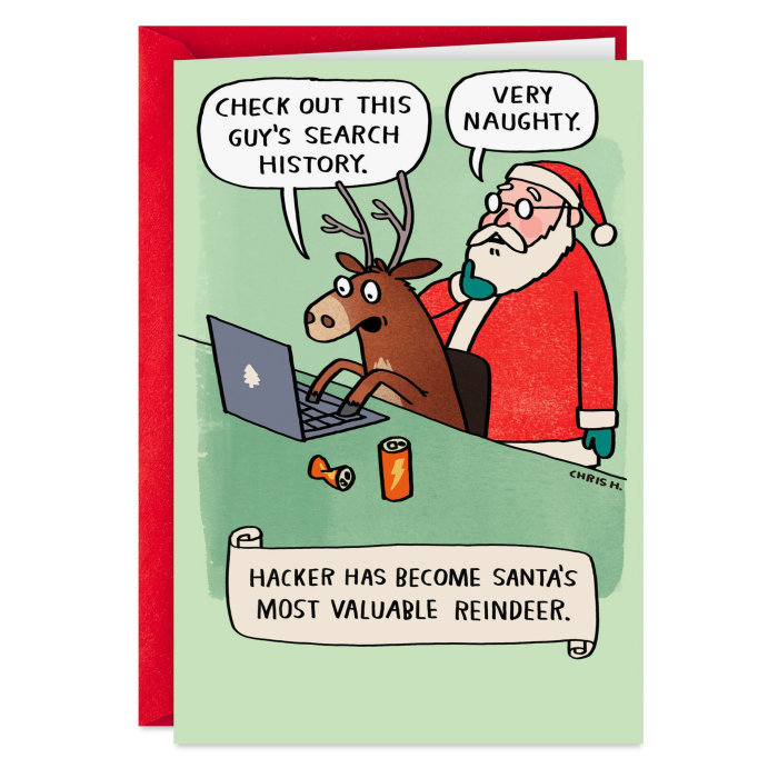 Humoristisk illustration av jultomten och en ren som använder en laptop, med pratbubblor och texten "Hacker has become Santa's most valuable reindeer.