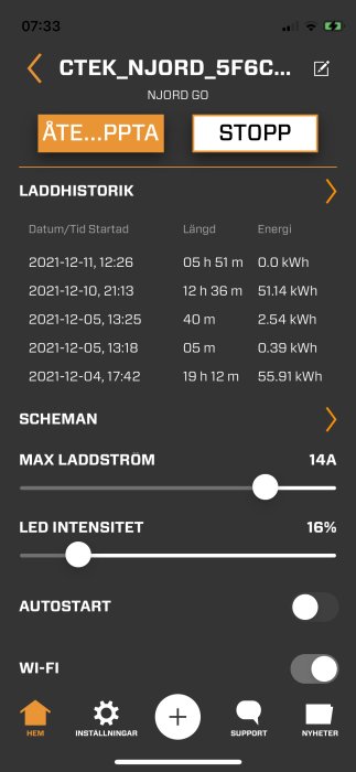 Skärmdump av CTEK-appens hemskärm med laddhistorik och inställningar för max laddström och LED intensitet.