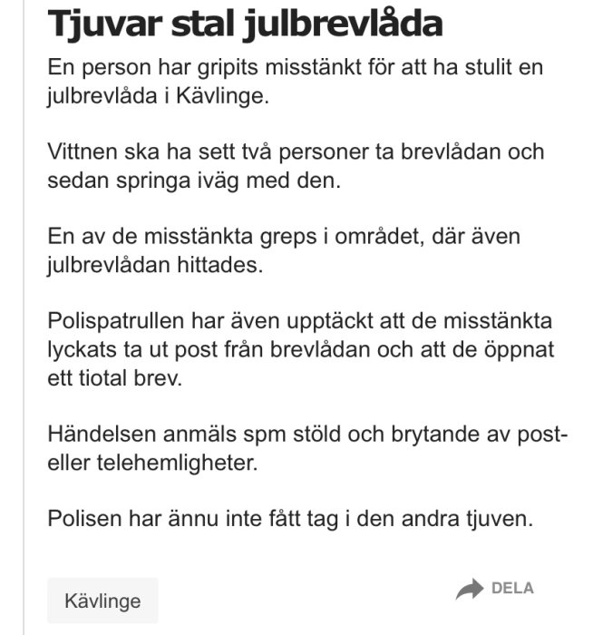 Skärmdump av en nyhetsartikel om stöld av en brevlåda full med julkort.