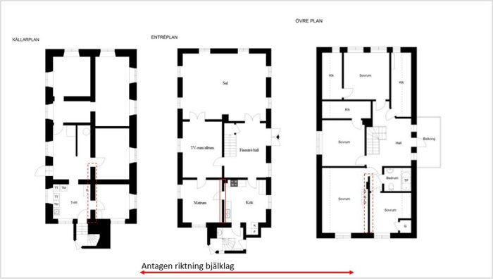 Ritningar av källarplan, entreplan och övre plan för ett hus, med antagen riktning för bärande bjälklag markerad i rött.