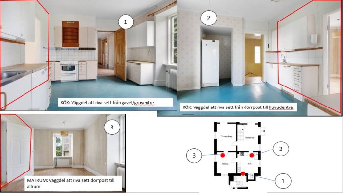 Kombinerad bild med tre rum i ett hus och en planritning markerade för möjlig rivning av väggar.