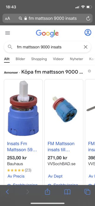 Duschblandarinsats av märket FM Mattsson på en mobilskärm med sökresultat från en webbutik.