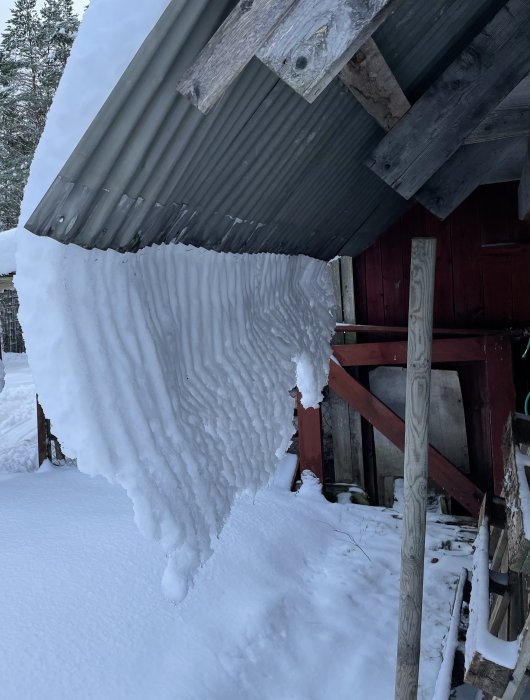 Stor snödriva hängande från takkant på en röd stuga med synlig snöstruktur.