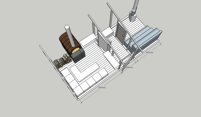 3D-modell av ett byggprojekt för en utbyggd grillstuga med pizzaugn, omklädningsrum och måttangivelser.