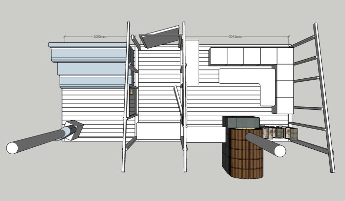 Arkitektonisk ritning av en utbyggd grillstuga med pizzaugn, omklädningsrum, och fönster mot vattnet.