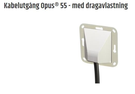 Kabelutgång Opus 55 vit väggmonterad med kabel och dragavlastning, för snygg installation.