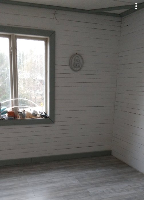 Renoverat rum med målade vita träväggar, laminatgolv och fönster med synlig skog utanför.