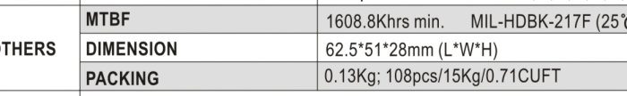 Utdrag från produktblad som visar tekniska specifikationer; MTBF, dimensioner och förpackningsinformation.
