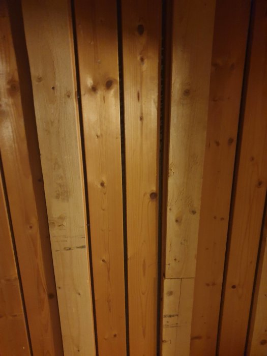 Träpanelvägg med vertikala furuplankor i varierande bredder och naturliga knothål.