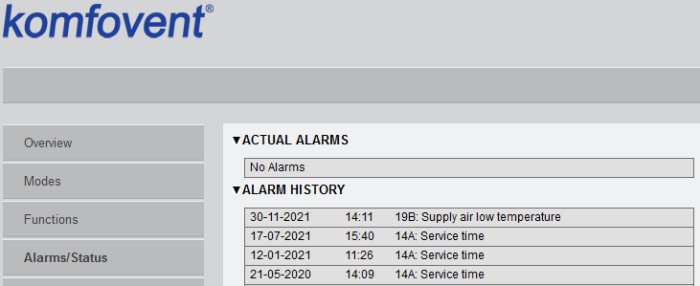Skärmklipp av Komfovent styrsystems interface som visar ingen aktuell larm och en larmhistorik med låg temperatur och service-tid.