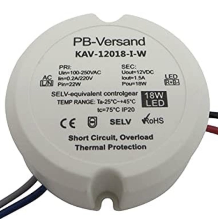 AC till 12V DC omvandlare för LED, 18W och 1,5A, med temperaturområde och skyddsspecifikationer.