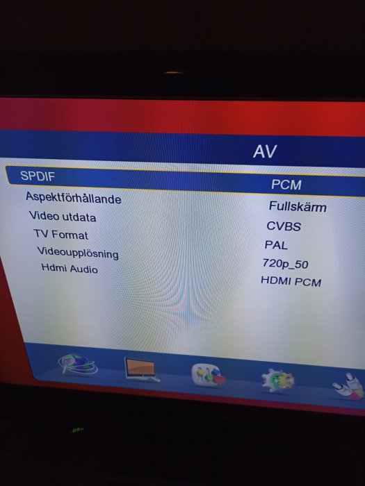 TV-skärm med inställningsmeny för ljud och bild, inklusive SPDIF, HDMI och aspektratio val.