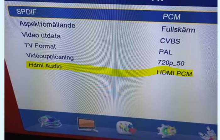 Skärmbild av en TV-inställningsmeny med markerat alternativ HDMI Audio.