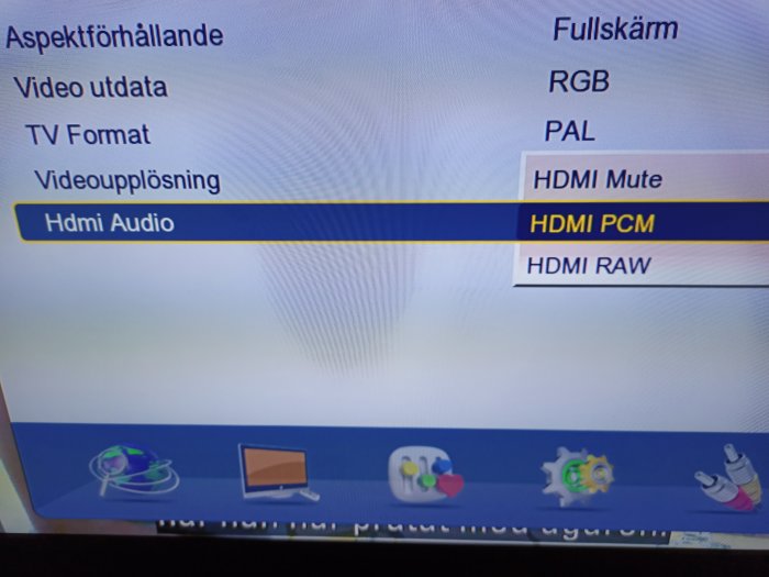 TV-skärm som visar inställningsmenyn med alternativen HDMI PCM och HDMI RAW markerade.