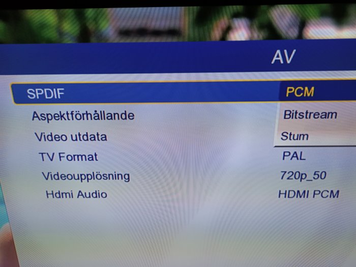 TV-skärm som visar ljudinställningar med alternativen SPDIF PCM och AV Bitstream markerade.