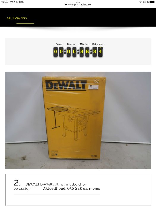 DeWalt-bord/bänksåg i förpackning på auktion, modell DW7463, med extrabord inkluderade.