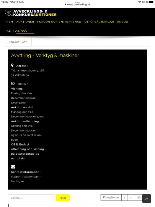 Skärmdump av en auktionsida för verktyg och maskiner, information om visning i Vallentuna.