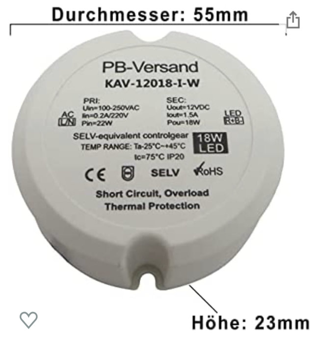 Etikett på en LED-drivdon som visar teknisk information och mått.