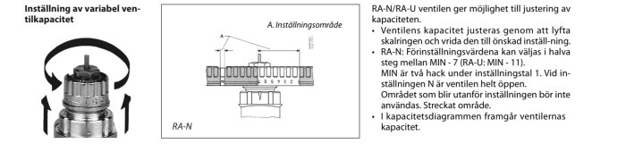 Foto och diagram som visar inställning av variabel ventilkapacitet för RA-N/RA-U ventiler med instruktioner.