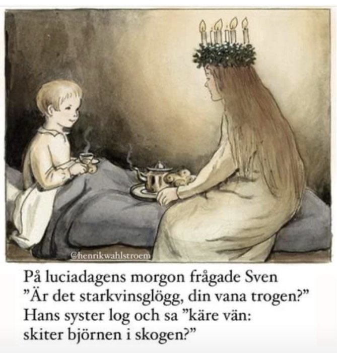 Illustration av ett barn och en person med ljuskrona, med text som refererar till en luciadagsdialog.