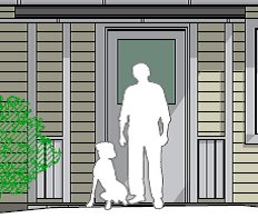 Ritning av husfasad med entrédörr, omgivet av paneler och en silhuett av en person med hund.